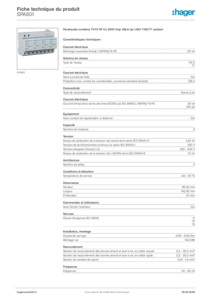 Image Hager Fiche technique du produit SPA801 | Hager Afrique