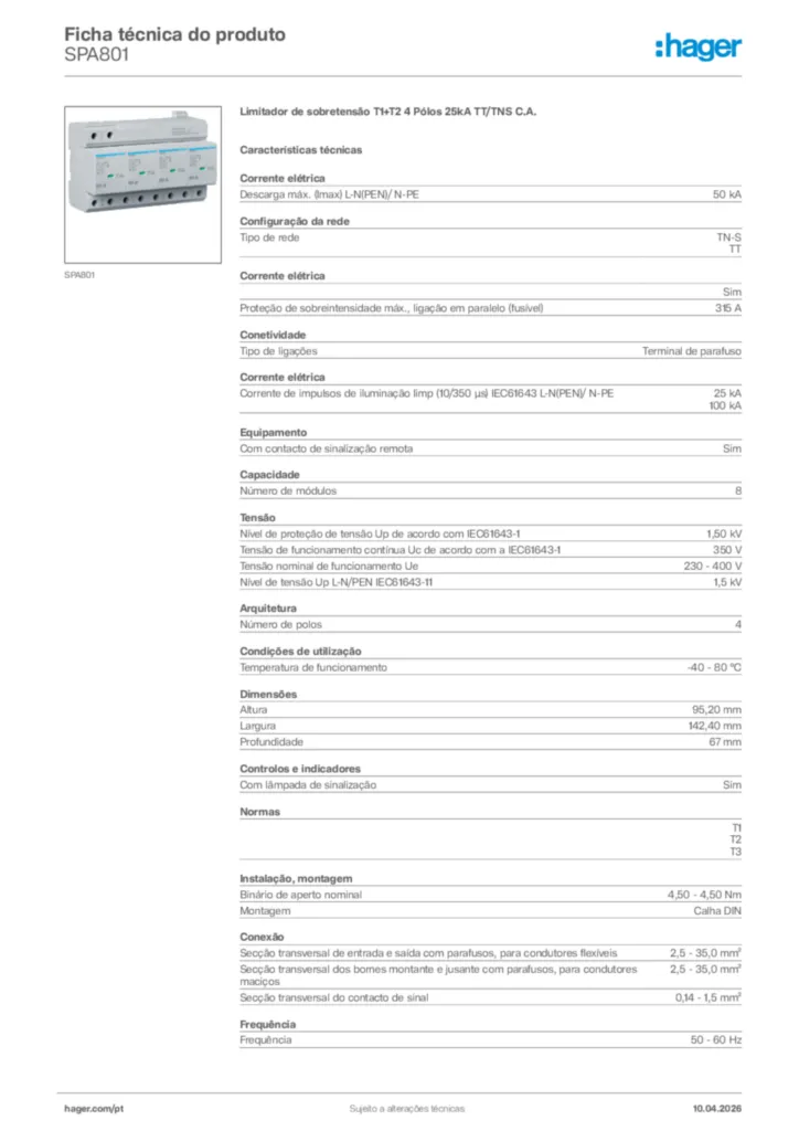 Imagem Hager Ficha técnica do produto SPA801 | Hager Portugal