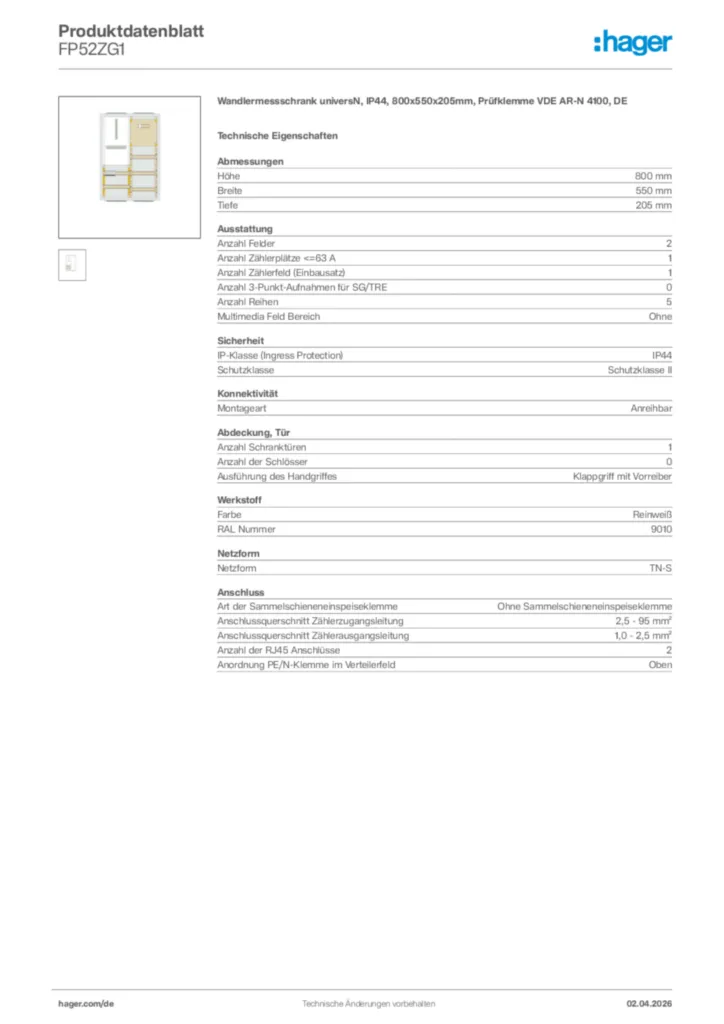 Bild Hager Produktdatenblatt FP52ZG1 | Hager Deutschland