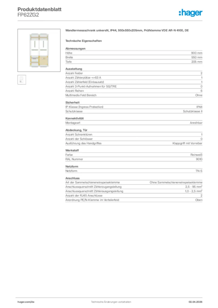 Bild Hager Produktdatenblatt FP62ZG2 | Hager Deutschland