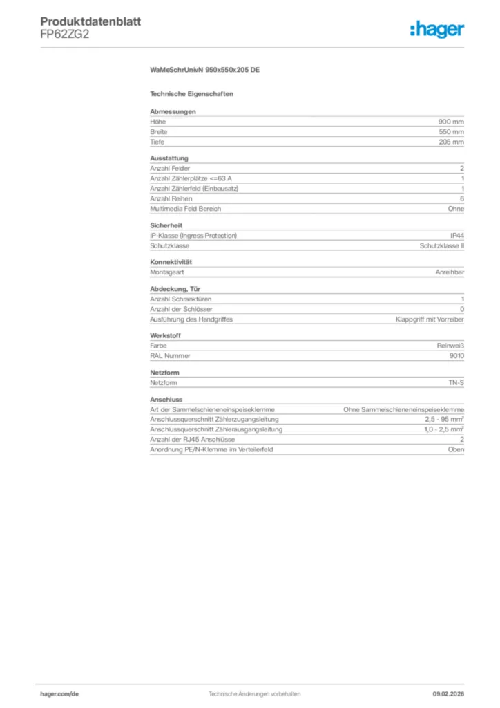 Bild Hager Produktdatenblatt FP62ZG2 | Hager Deutschland