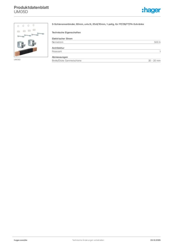 Bild Hager Produktdatenblatt UM05D | Hager Deutschland