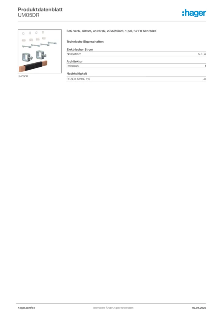 Bild Hager Produktdatenblatt UM05DR | Hager Deutschland