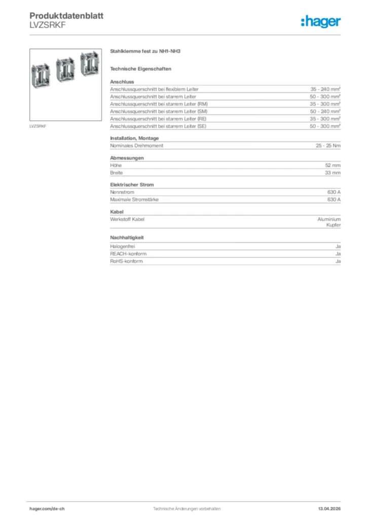 Bild Hager Produktdatenblatt LVZSRKF | Hager Schweiz