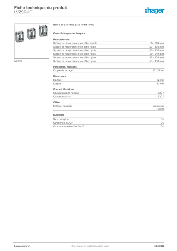 Image Hager Fiche technique du produit LVZSRKF | Hager Suisse