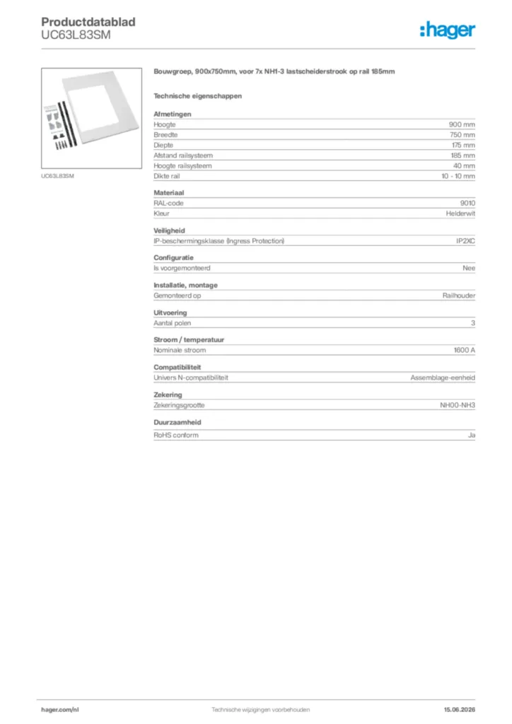 Afbeelding Hager Productdatablad UC63L83SM | Hager Nederland