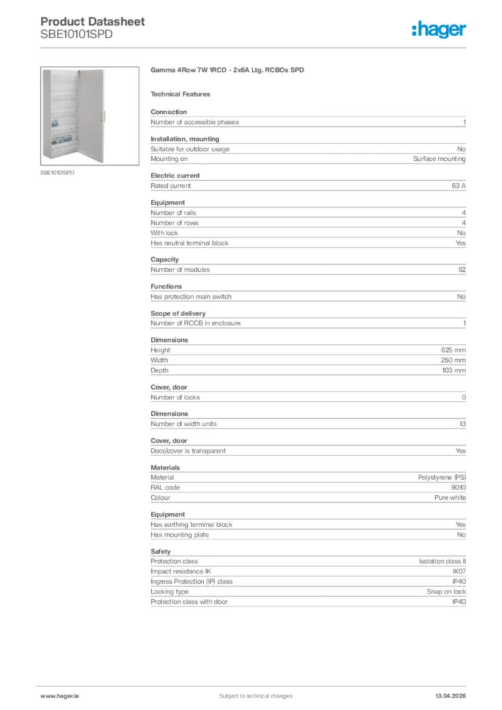 Image Hager Product data sheet SBE10101SPD  | Hager