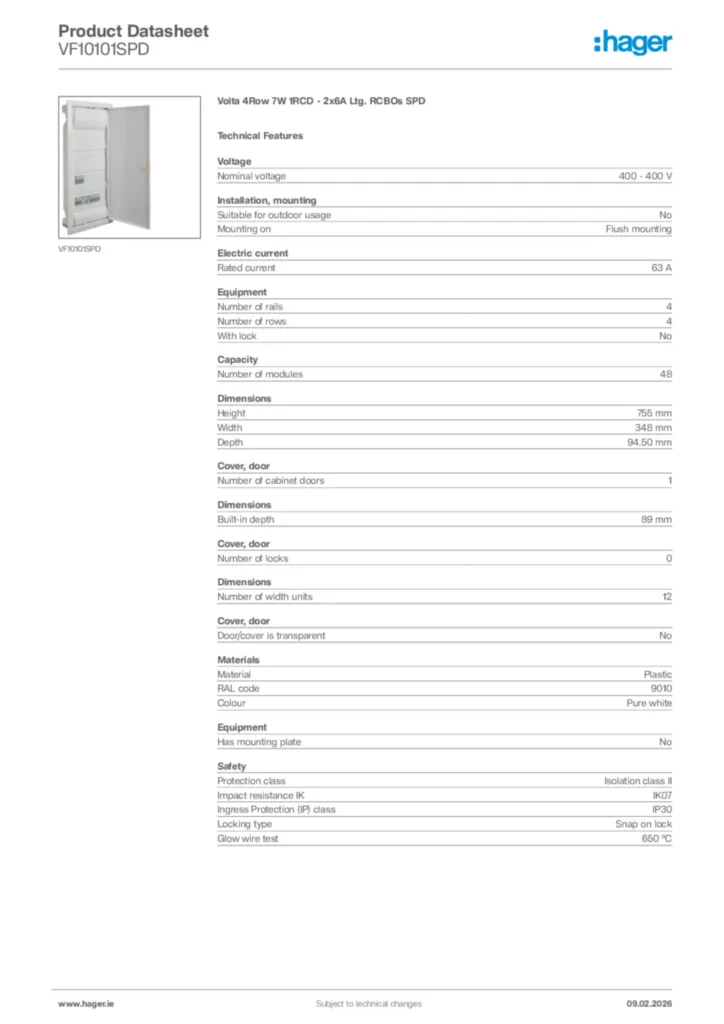Image Hager Product data sheet VF10101SPD  | Hager
