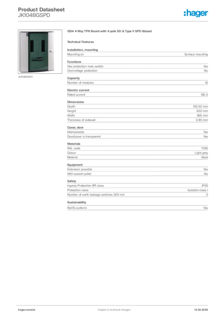 Image Hager Product data sheet JK104BGSPD  | Hager