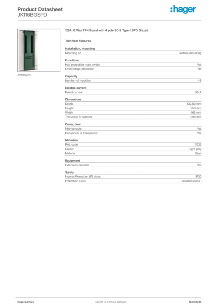 Image Hager Product data sheet JK116BGSPD  | Hager