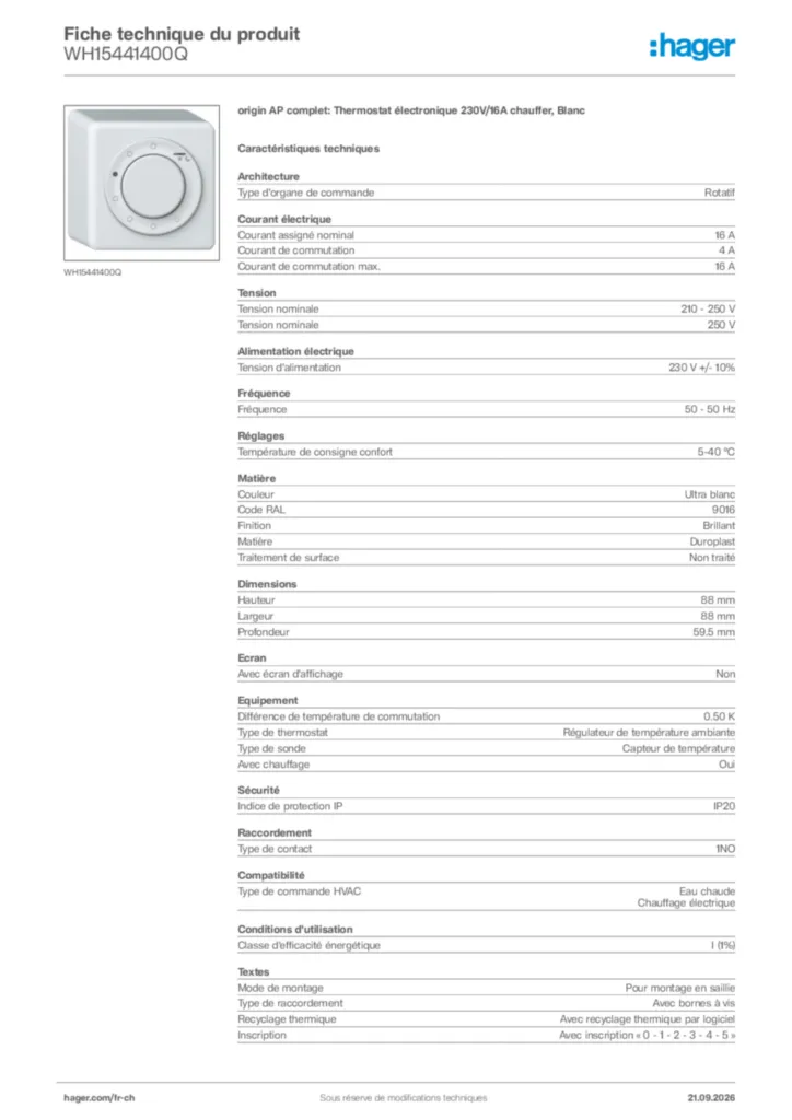 Image Hager Fiche technique du produit WH15441400Q | Hager Suisse