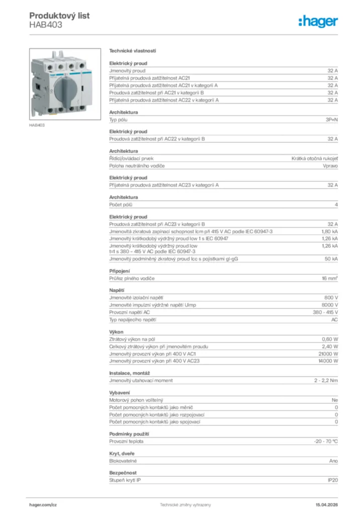 Obrázek Hager Product data sheet HAB403 | Hager