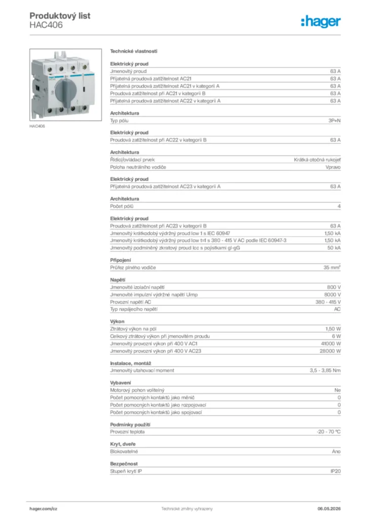 Obrázek Hager Product data sheet HAC406 | Hager