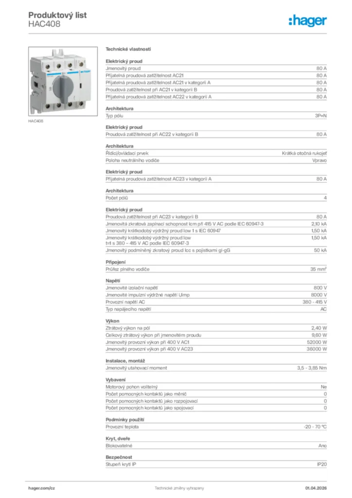Obrázek Hager Product data sheet HAC408 | Hager