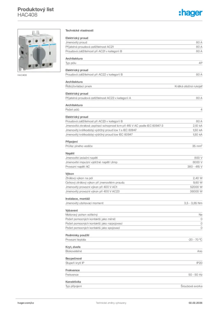 Obrázek Hager Product data sheet HAC408 | Hager