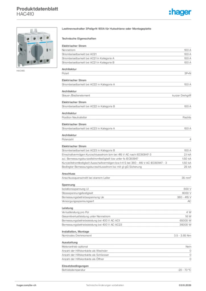Bild Hager Produktdatenblatt HAC410 | Hager Schweiz
