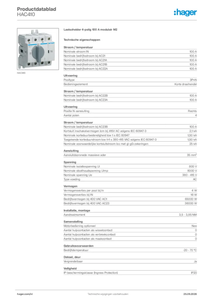 Afbeelding Hager Productdatablad HAC410 | Hager Nederland