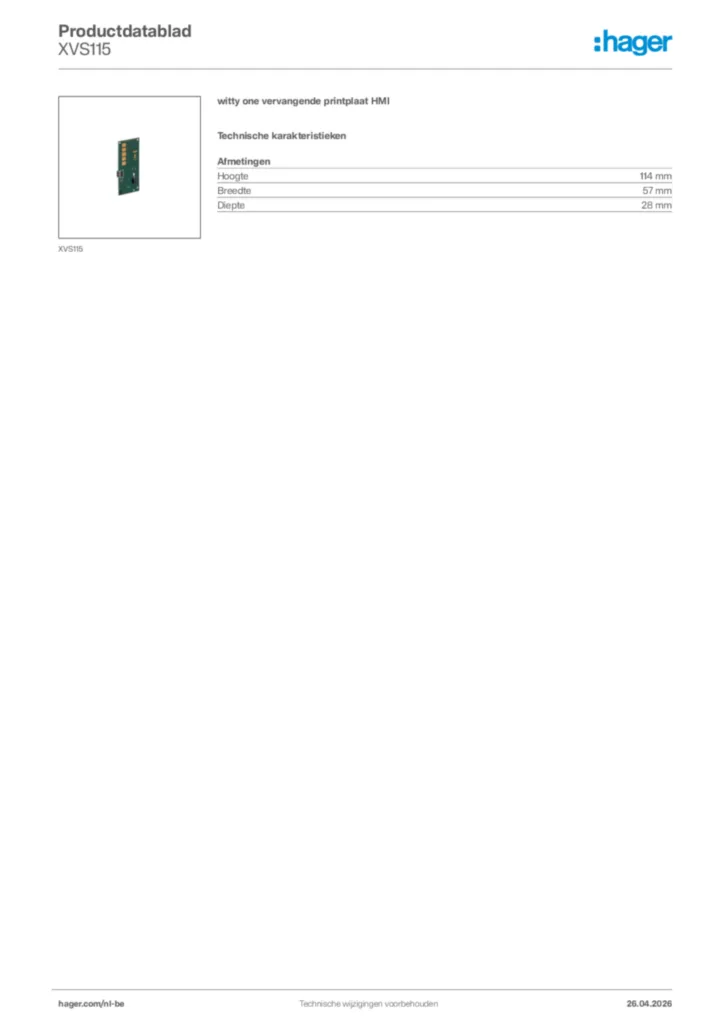 Afbeelding Hager Productdatablad XVS115 | Hager Belgium