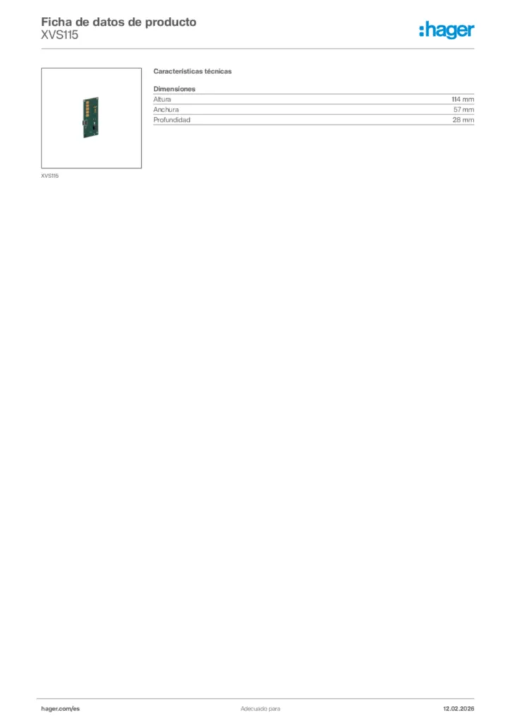 Imagen Hager Ficha de datos de producto XVS115 | Hager España