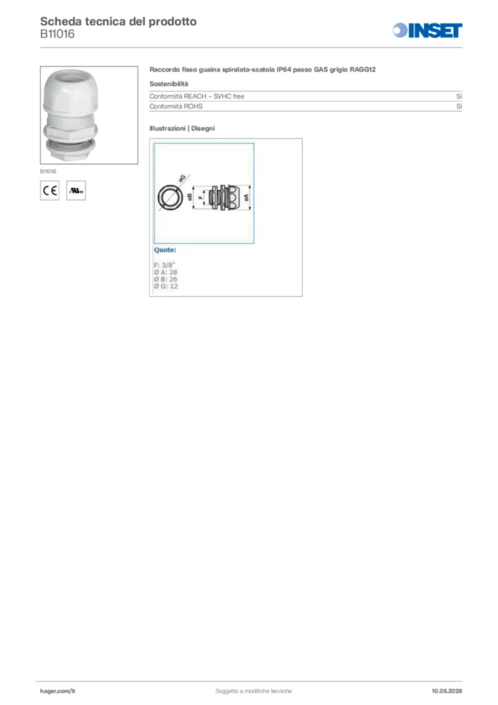 Immagine Inset Scheda tecnica del prodotto B11016 | Hager Italia