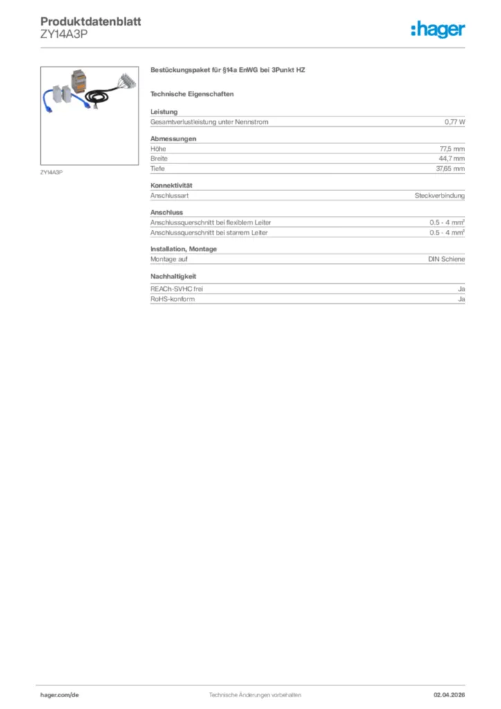 Bild Hager Produktdatenblatt ZY14A3P | Hager Deutschland