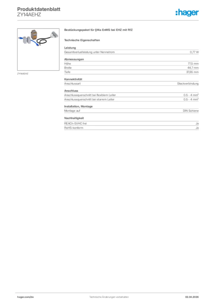 Bild Hager Produktdatenblatt ZY14AEHZ | Hager Deutschland