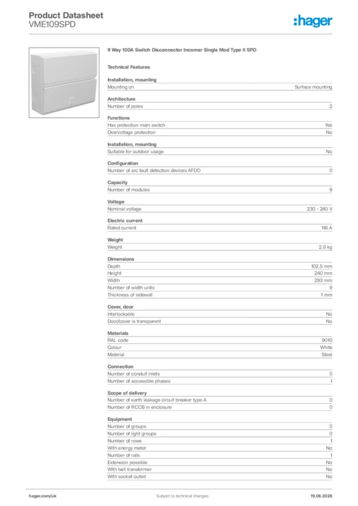 Image Hager Product data sheet VME109SPD  | Hager