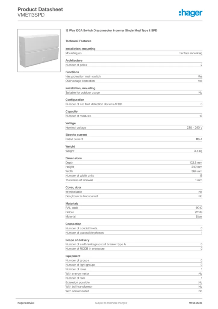 Image Hager Product data sheet VME113SPD  | Hager