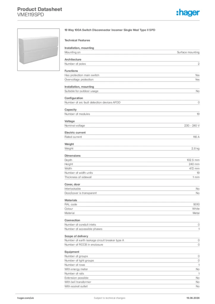 Image Hager Product data sheet VME119SPD  | Hager