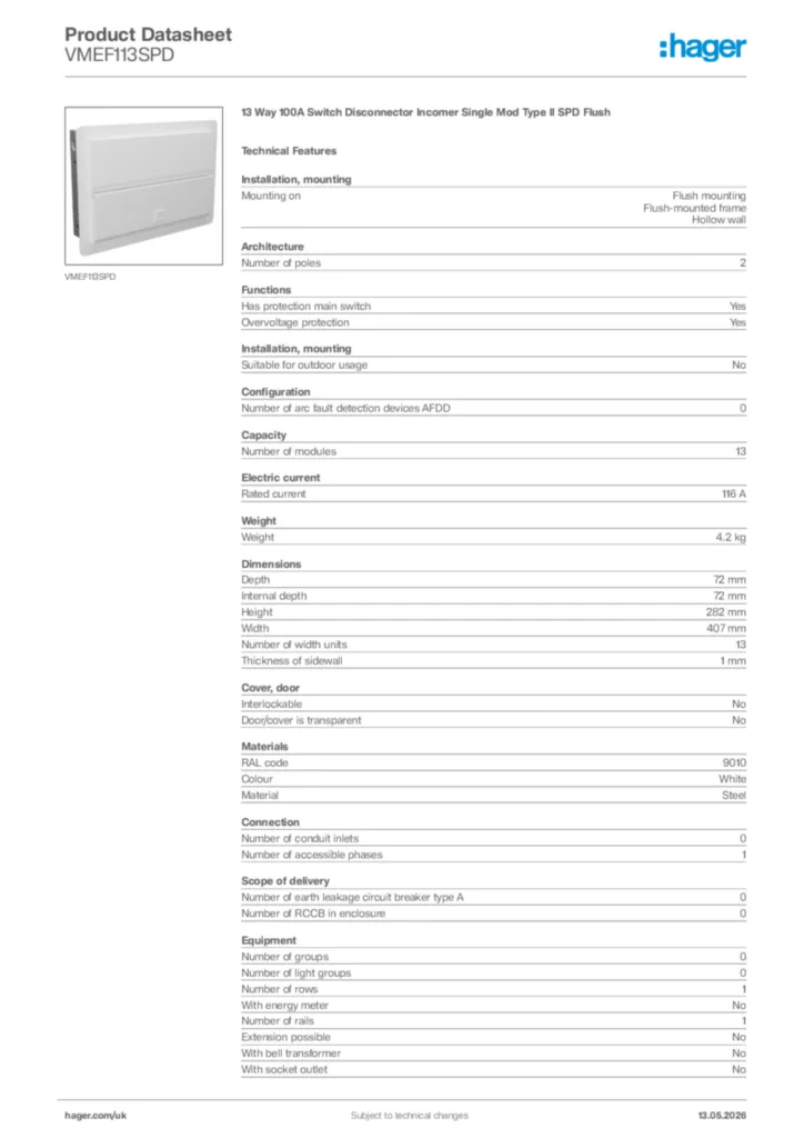 Image Hager Product data sheet VMEF113SPD  | Hager