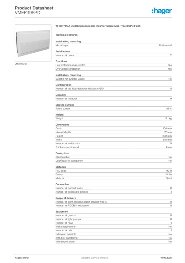 Image Hager Product data sheet VMEF119SPD  | Hager