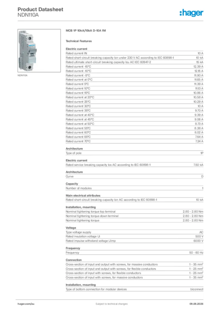Image Hager Product data sheet NDN110A  | Hager Australia