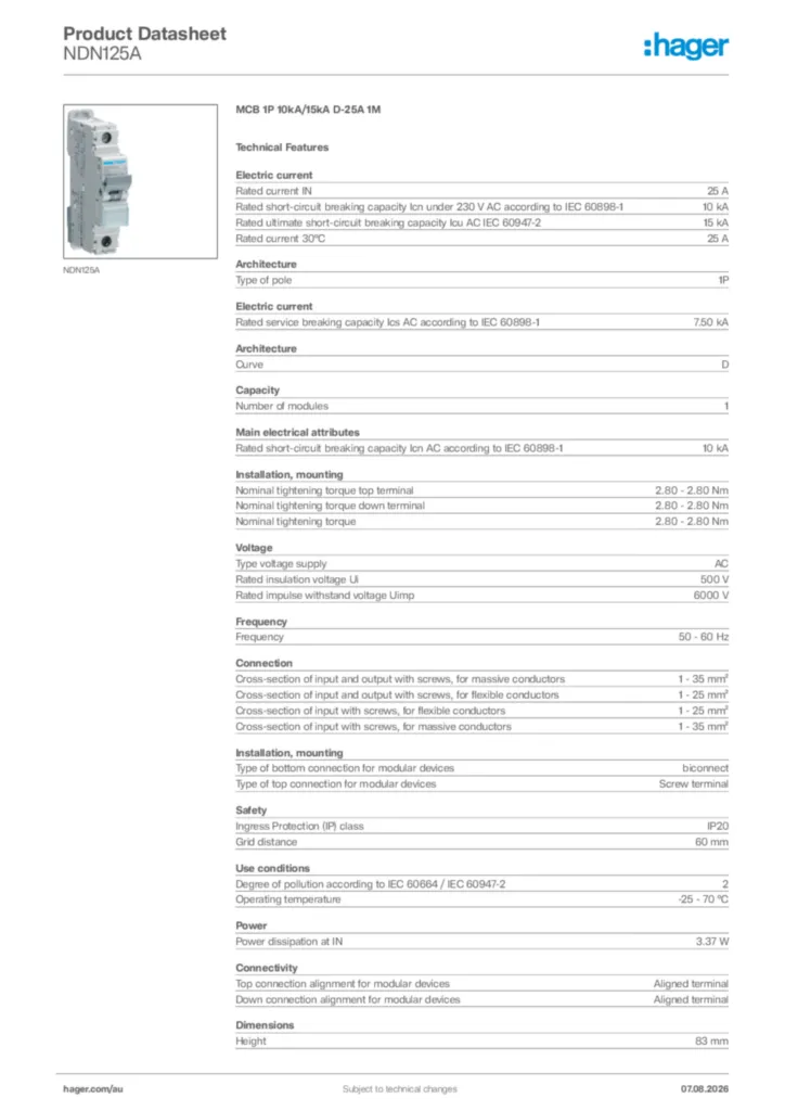 Image Hager Product data sheet NDN125A  | Hager Australia