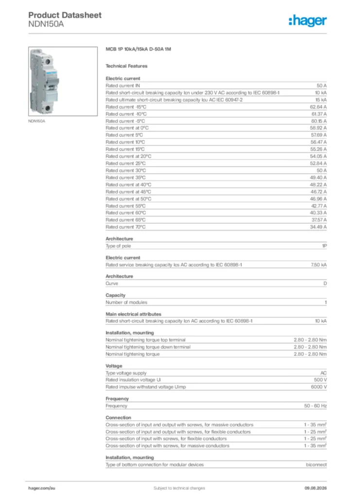 Image Hager Product data sheet NDN150A  | Hager Australia