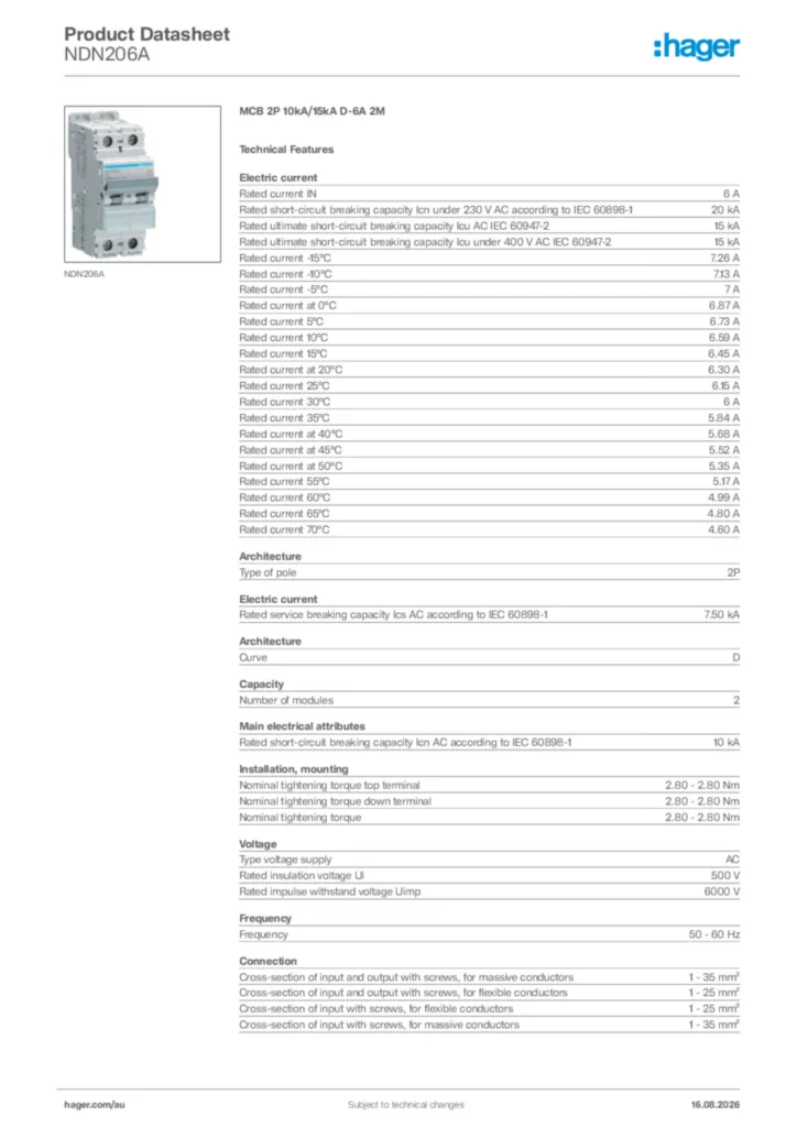Image Hager Product data sheet NDN206A  | Hager Australia