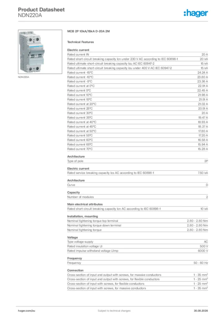 Image Hager Product data sheet NDN220A  | Hager Australia