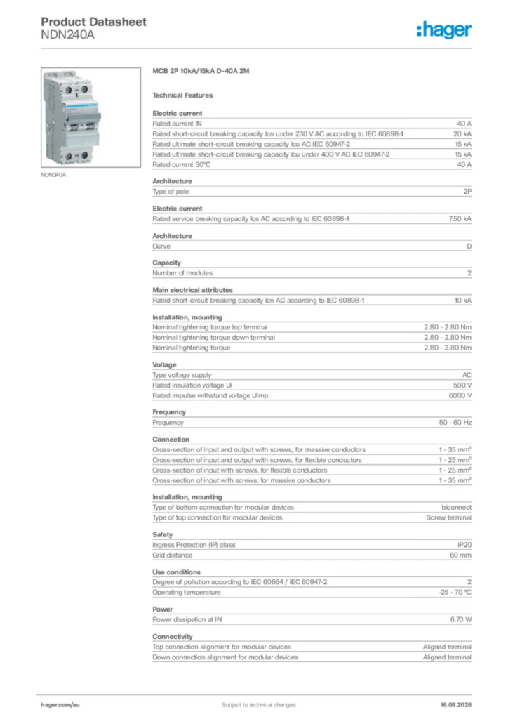 Image Hager Product data sheet NDN240A  | Hager Australia