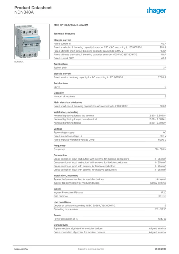 Image Hager Product data sheet NDN340A  | Hager Australia