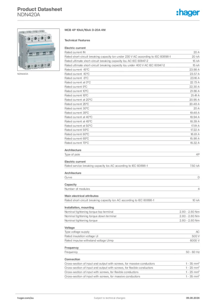 Image Hager Product data sheet NDN420A  | Hager Australia