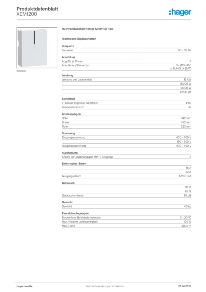 Bild Hager Produktdatenblatt XEM1200 | Hager Deutschland