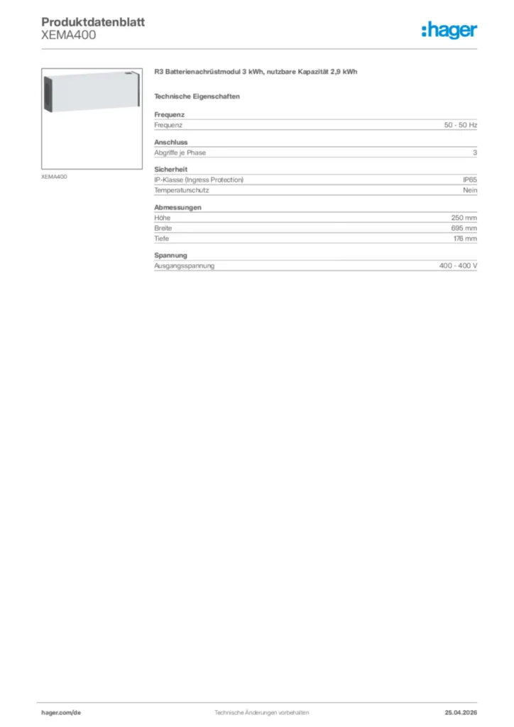 Bild Hager Produktdatenblatt XEMA400 | Hager Deutschland