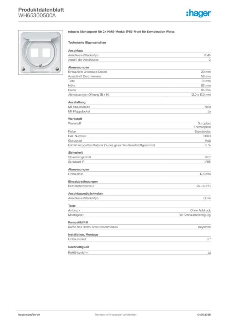Bild Hager Produktdatenblatt WH65300500A | Hager Schweiz