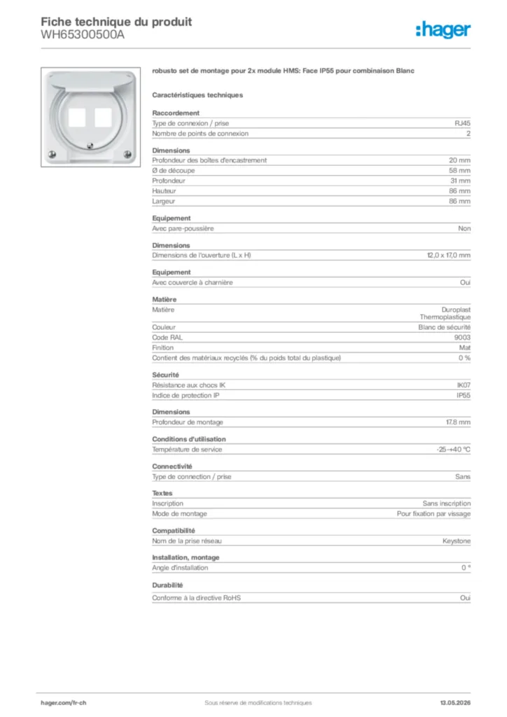 Image Hager Fiche technique du produit WH65300500A | Hager Suisse