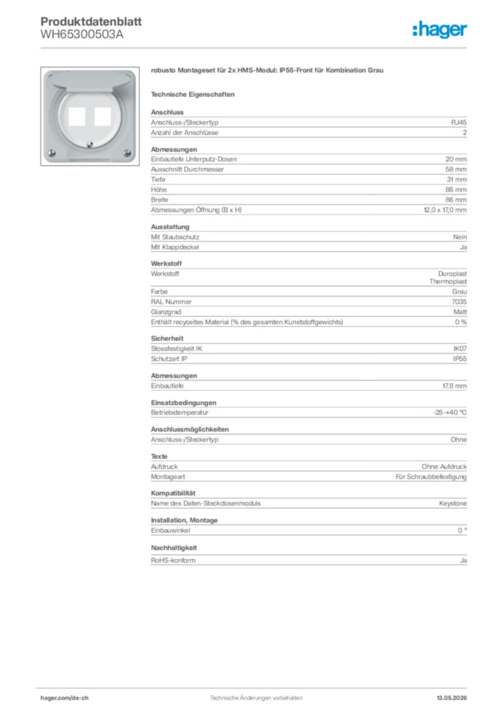 Bild Hager Produktdatenblatt WH65300503A | Hager Schweiz