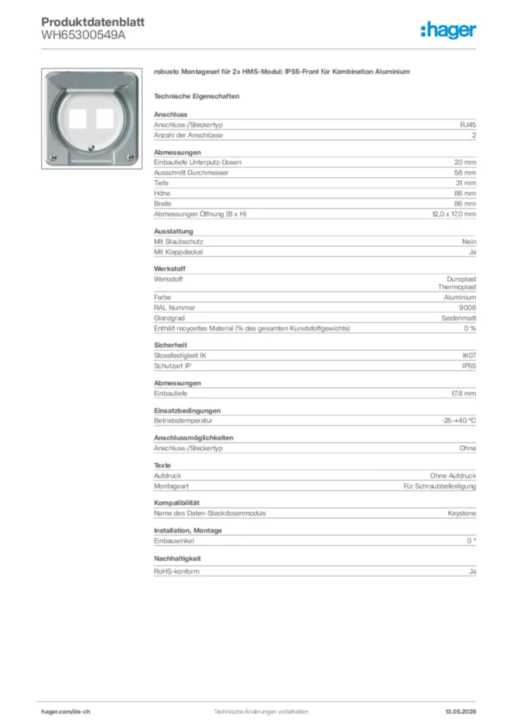 Bild Hager Produktdatenblatt WH65300549A | Hager Schweiz