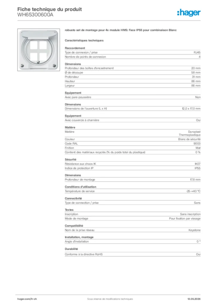 Image Hager Fiche technique du produit WH65300600A | Hager Suisse