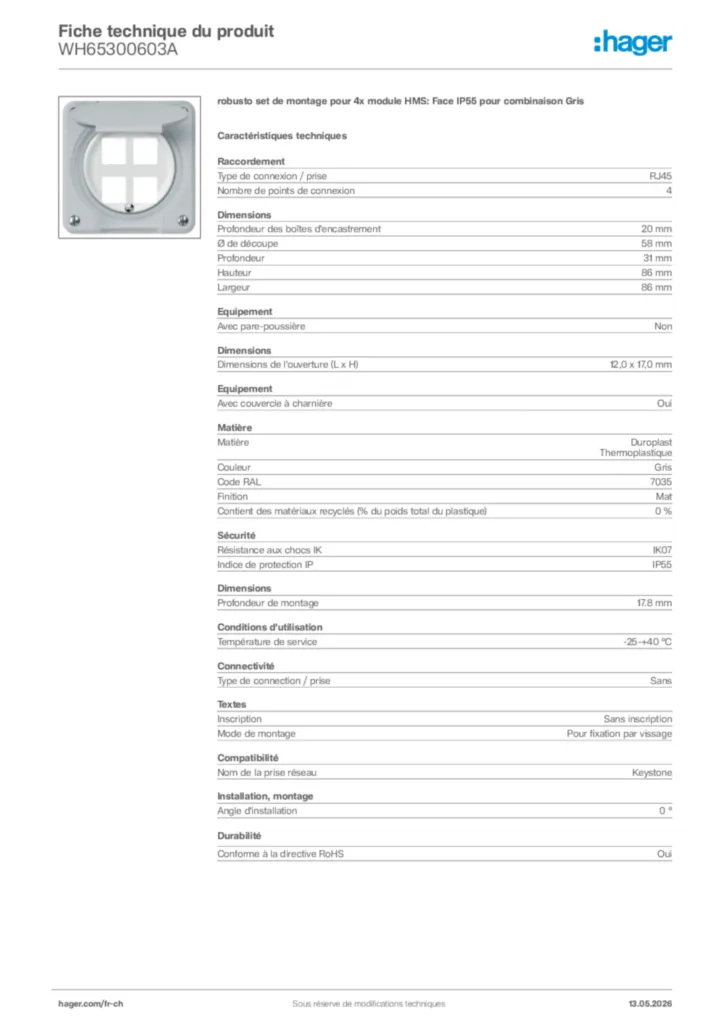 Image Hager Fiche technique du produit WH65300603A | Hager Suisse