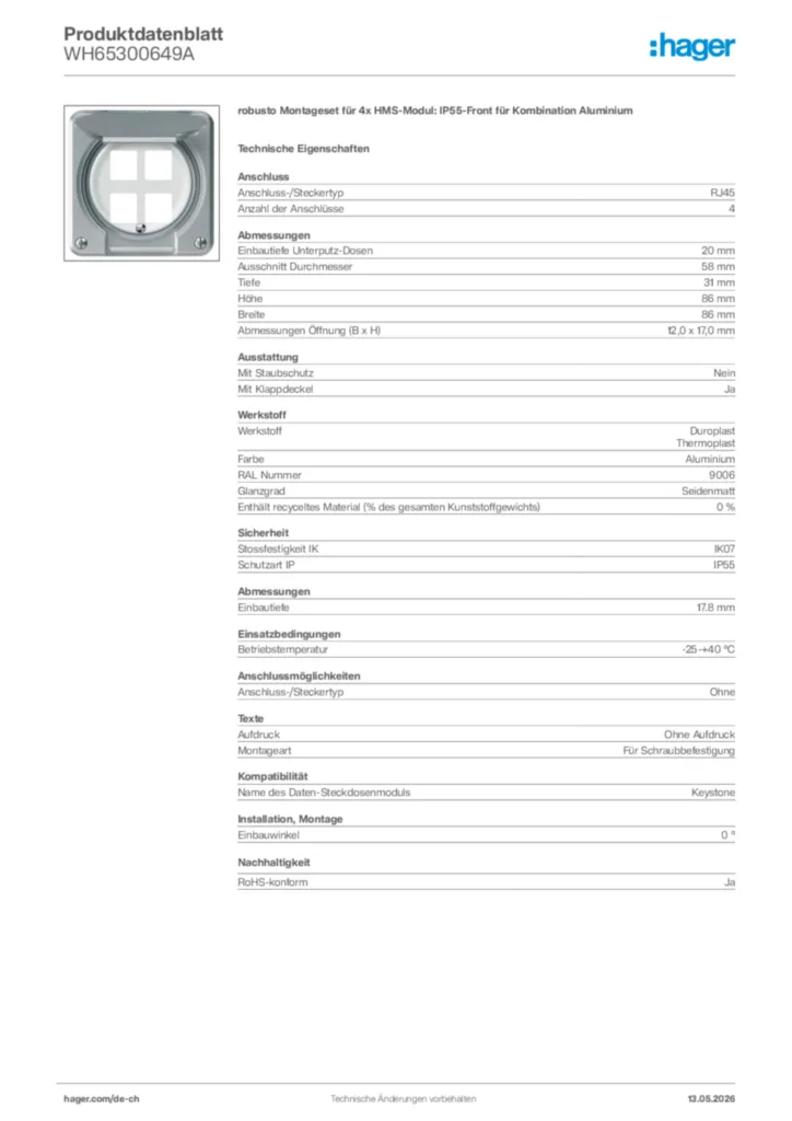 Bild Hager Produktdatenblatt WH65300649A | Hager Schweiz