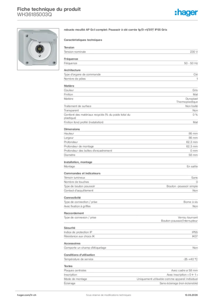Image Hager Fiche technique du produit WH36185003Q | Hager Suisse