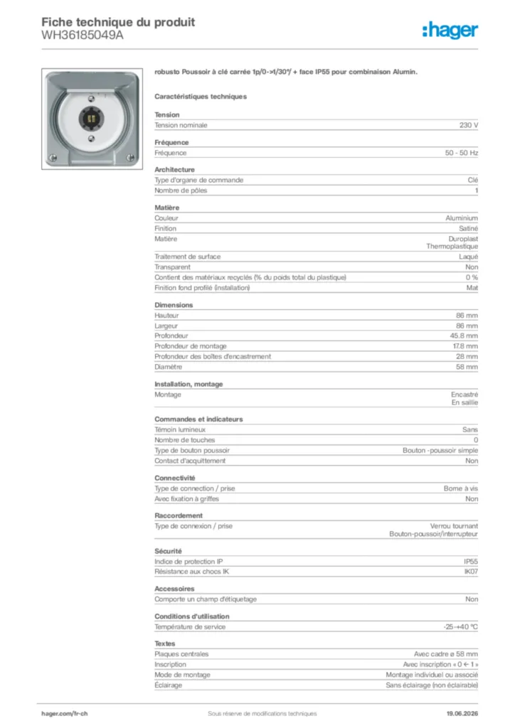Image Hager Fiche technique du produit WH36185049A | Hager Suisse